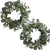 idyllic 12” Artificial Green Leaves Wreath Eucalyptus Round Wreath for Home Decoration Rustic Farmhouse Decor for Festival Celebration Front Door (2 Pack)