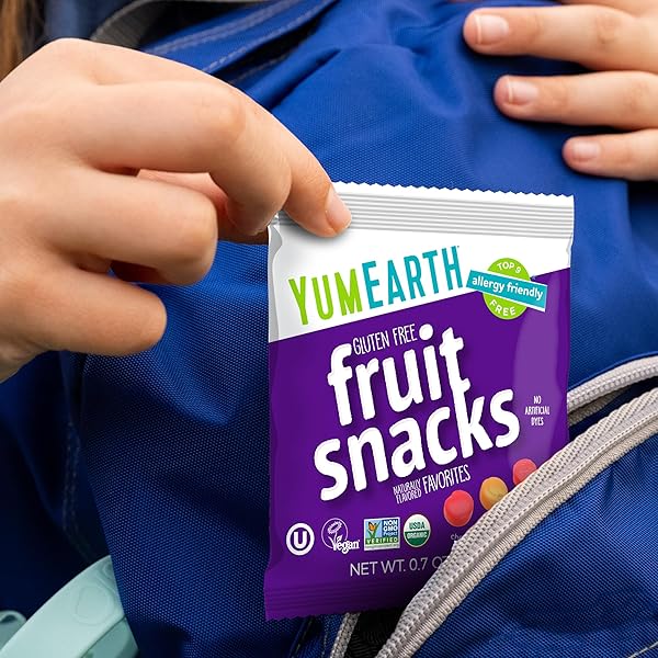 YUMEARTH ORGANIC ASSORTED FLAVOR FRUIT SNACKS – ALLERGY FRIENDLY (TOP 9 FREE), NO ARTIFICIAL DYES, NON GMO, GLUTEN FREE, VEGAN CANDY SNACKS – 0.7 OUNCE (PACK OF 5)