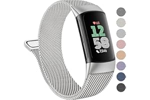 Amzpas Magnetic Band Compatible with Fitbit Charge 6 / Charge 5 Bands for Women Men, Stainless Steel Mesh Loop Adjustable Metal Wristband Replacement Strap for Fitbit Charge 5 / Charge 6 Band