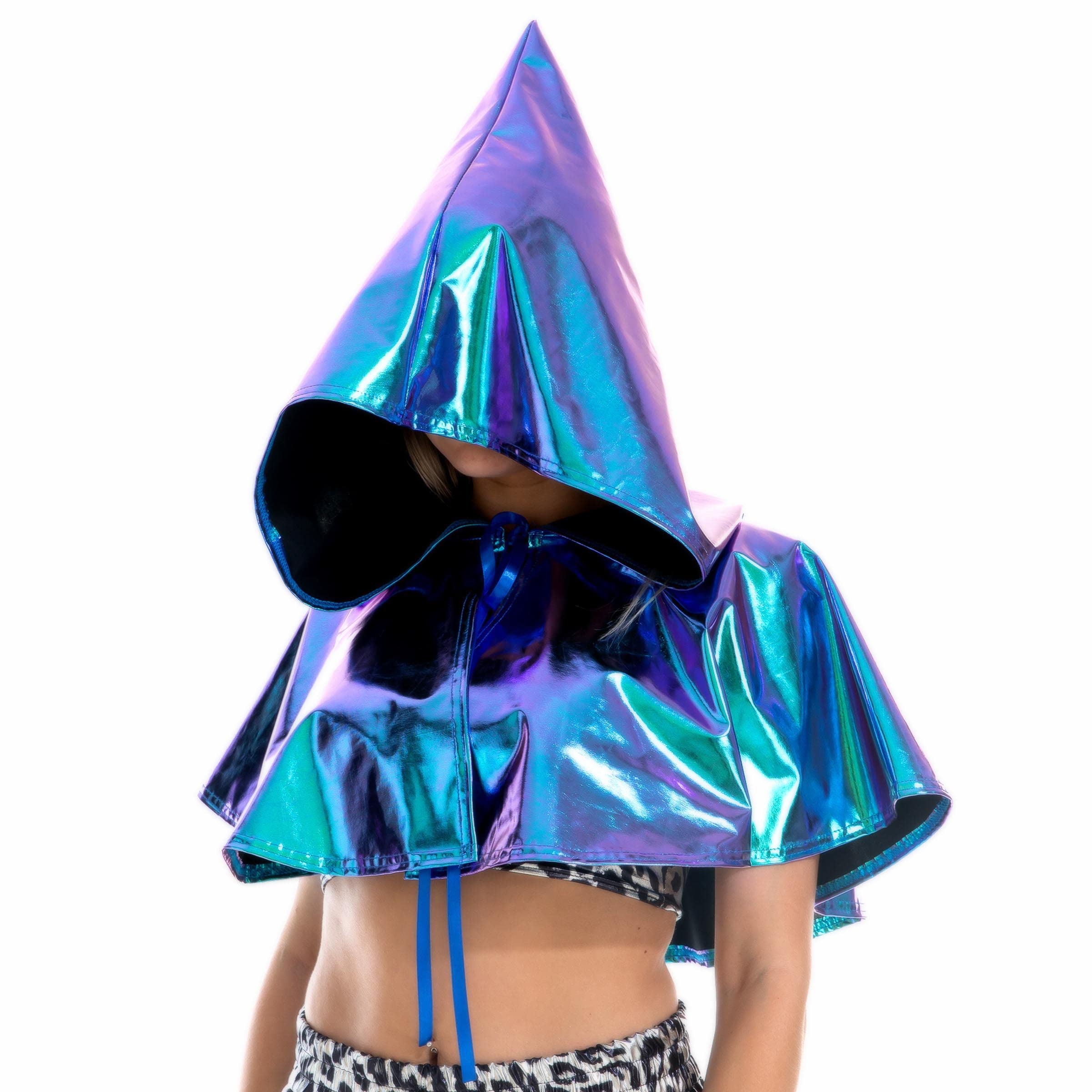 MAKFORT Adult Laser Metallic Short Hooded Cape Fancy Dress Shiny Metallic Outfit Nightclub Outfit Women Fancy Dress Costume