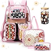 Aliceset 4pcs 17" Daisy Clear Backpack for Kids with Lunch Bags Pencil Case and Glass Bottle School Heavy Duty Bookbag Set(Pink)