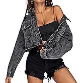 LONGYIDA Women's Cropped Denim Jacket | Distressed Button-Down Jean Jacket | Long Sleeve Ripped & Frayed Blue Coat