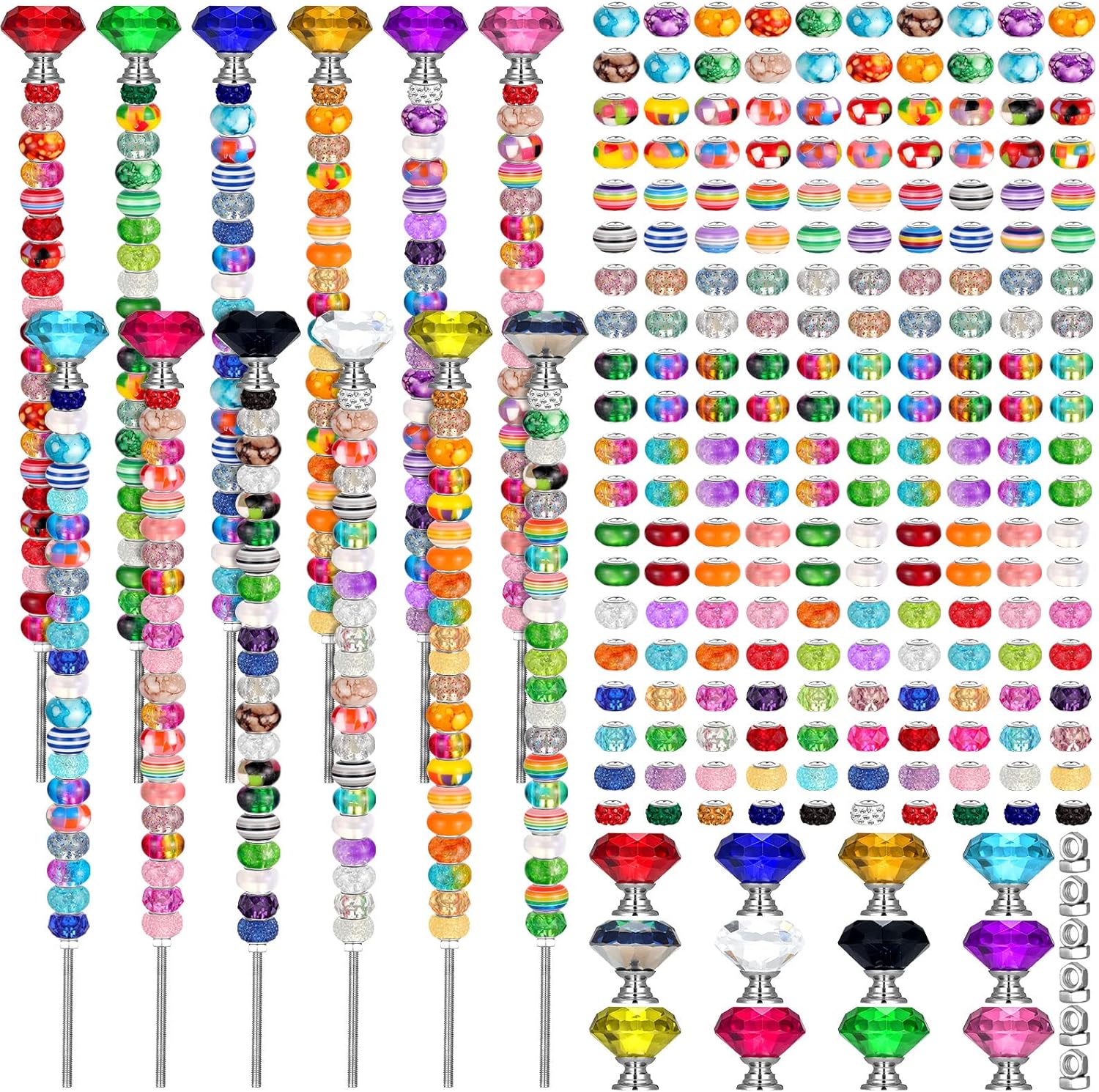 Decorative Garden Stakes - Tigeen 236 Pcs Garden Stakes Decorative Beaded Garden Stakes with 12 Colorful Crystal Stopper Top 12 Threaded Rod with 12 Nuts 200 Assortment Round Large Hole Beads for Outdoor Decoration
