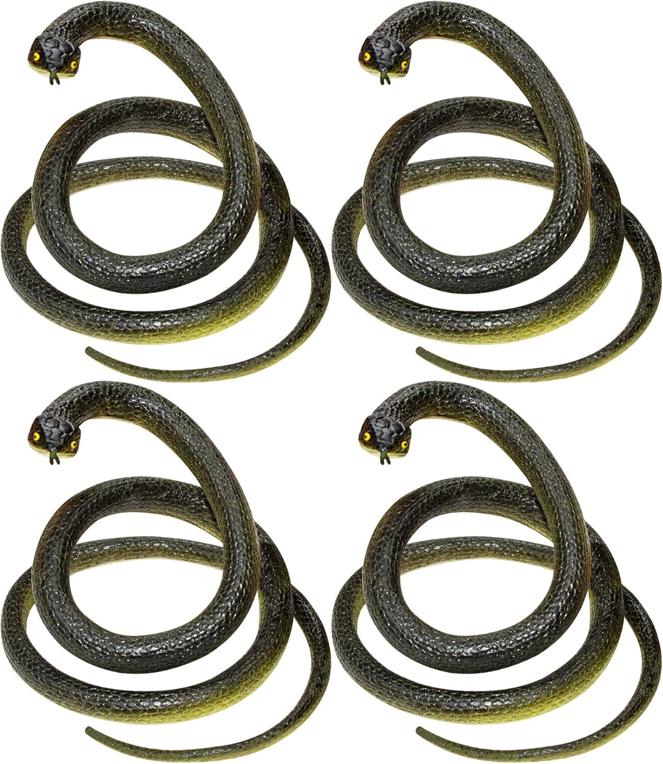 Photo 1 of Vynorix Fake Snake Soft Rubber Snake Toy, 4 Pieces Realistic Plastic Snakes for Garden to Keep Birds Away, Novelty Toys for Playing Jokes Prank Stuff Props for Halloween April Fools Party Favor