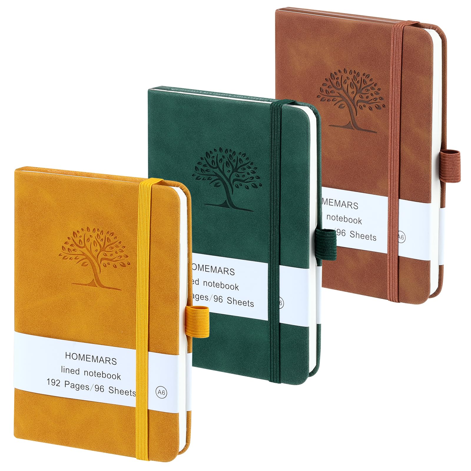 HOMEMARS Pocket Notebook, Small Notebook, 3 Pack, Pocket Notepad,14.4 cm x 9.6cm, A6 Notebook, Small Notepad, Brown, Green, Yellow, 192 Pages Each, Hardcover, Embossing Tree Design, Lined Paper