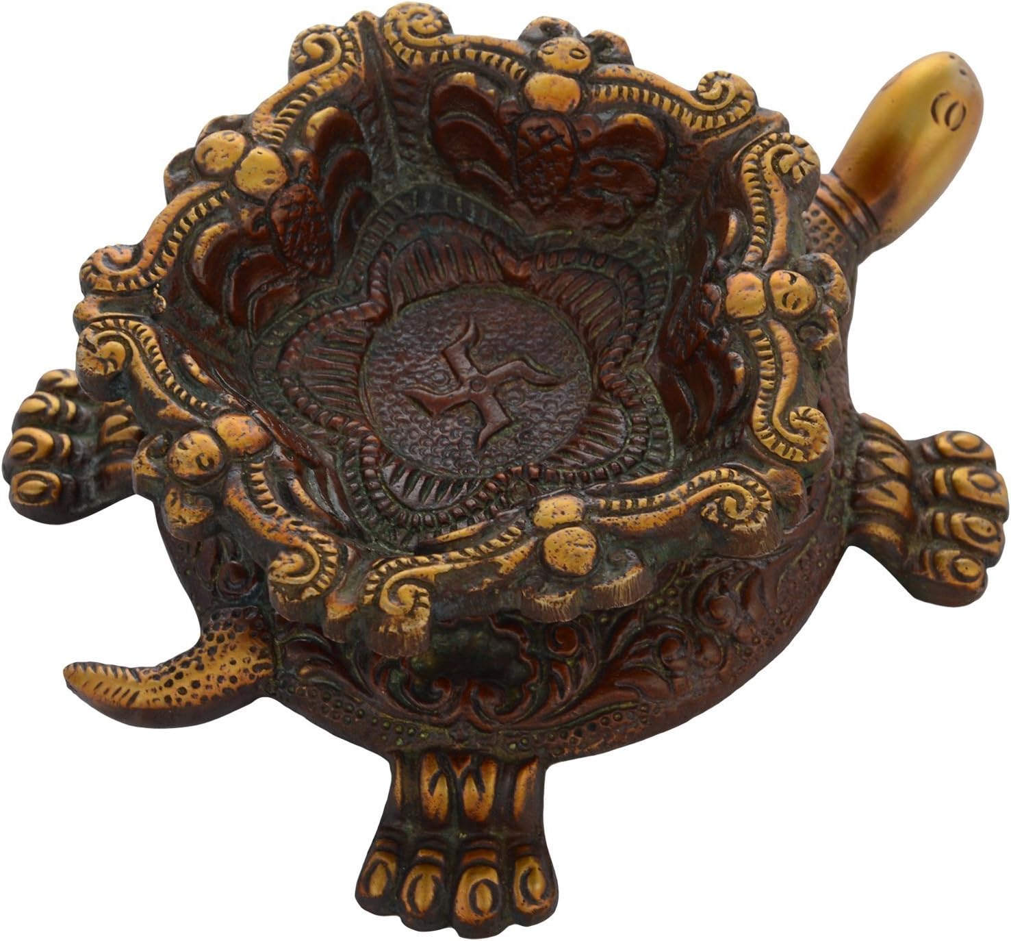 Aone India Brass Antique Tortoise Divi/Diya/Deepak/Oil lamp Showpiece Idol (4" x 5.5" x 1.75" inch, Brown)