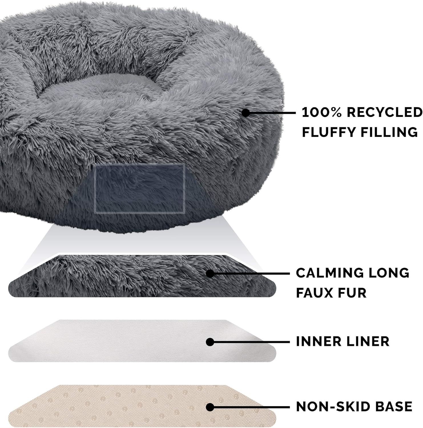 Furhaven Pet Dog Bed - Round Plush Long Faux Fur Ultra Calming Deep Sleep Soothing Cushion Cuddler Donut Pet Bed for Dogs and Cats, Gray, Small : Pet Supplies