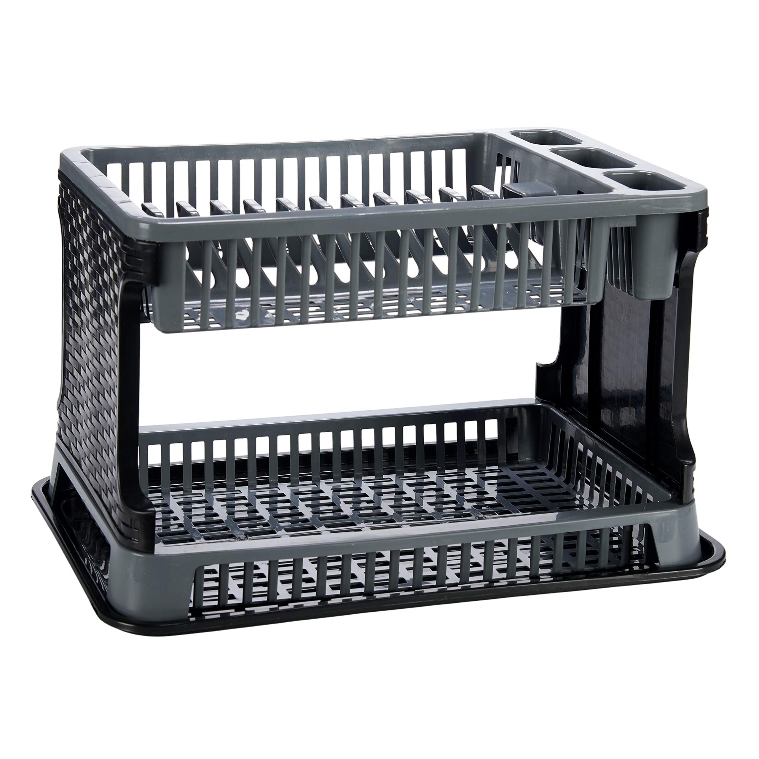 TIENDA EURASIA® Plastic Dish Drainer 2 Height with Tray – Rattan Texture – Large Capacity and Resistance – 30.2 x 8.5 x 44.5 cm (Grey)