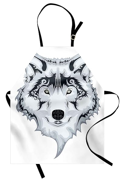 Ambesonne Tattoo Apron The Majestic Beast Creature Head Of A Wild Wolf Tribal Tattoo Design Art Print Unisex Kitchen Bib Apron With Adjustable Neck