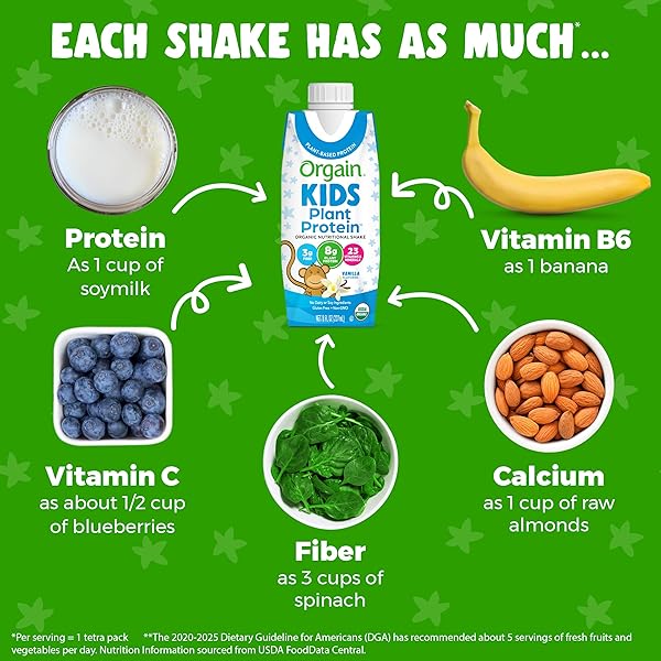ORGAIN ORGANIC KIDS NUTRITIONAL VEGAN PROTEIN SHAKE, VANILLA – HEALTHY KIDS SNACKS, 8G PLANT PROTEIN, 3G FIBER, 23 VITAMINS & MINERALS, NO DAIRY & SOY INGREDIENTS, NON-GMO, 8 FL OZ (PACK OF 12)
