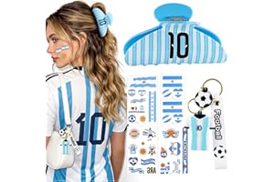 ANFONG World Cup Merch Gifts Set: Sky Blue Stripe No.10 Hair Clip, World Cup Jersey Keychain & Argentina Flag Tattoos
