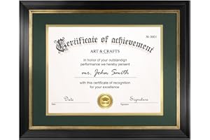 Yaetm 11x14 Diploma Frame with Mat for 8.5x11 Certificate, Document Frame with Green Over Gold Acid-free Mats & Tempered Glass, Tabletop or Wall Mount, Single, Black/Green