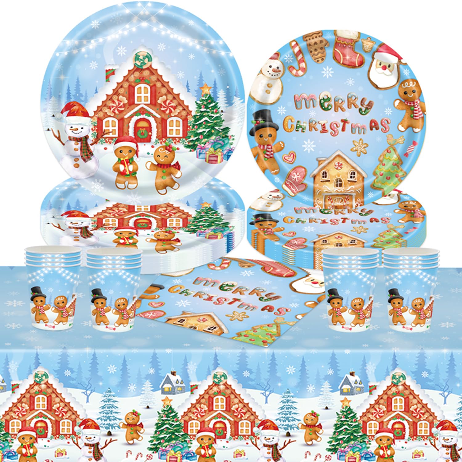 Gingerbread Man Christmas Party Tableware Set - 20 Napkins, 16 Cups, 7in & 9in Plates, 1 Tablecloth - Blue Disposable Paper Dinnerware Xmas Decor for Kids & Adults