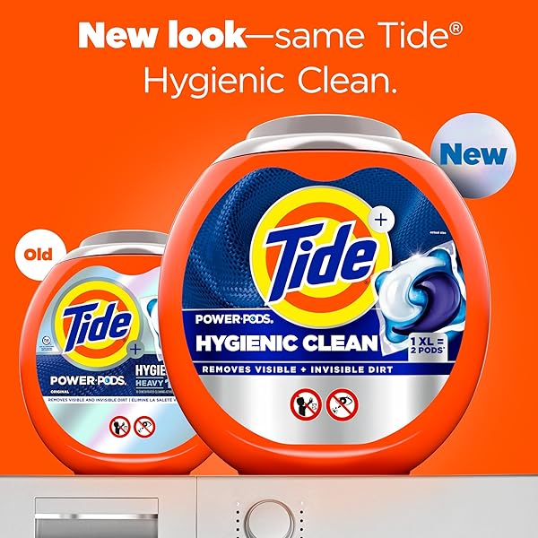 TIDE POWER PODS HYGIENIC CLEAN HEAVY DUTY LIQUID LAUNDRY DETERGENT PACS, FREE AND CLEAR OF DYES AND PERFUMES, FOR VISIBLE AND INVISIBLE DIRT, 45 COUNT, HE COMPATIBLE