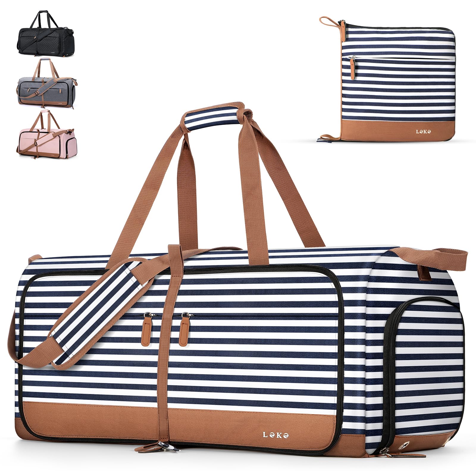 Lekesky Reisetasche Damen 60L Faltbare Reisetasche Weekender Sporttasche mit Schuhfach, wasserdichte Handgepäck Tasche/Sporttasche/Krankenhaustasche (Blau Gestreift)