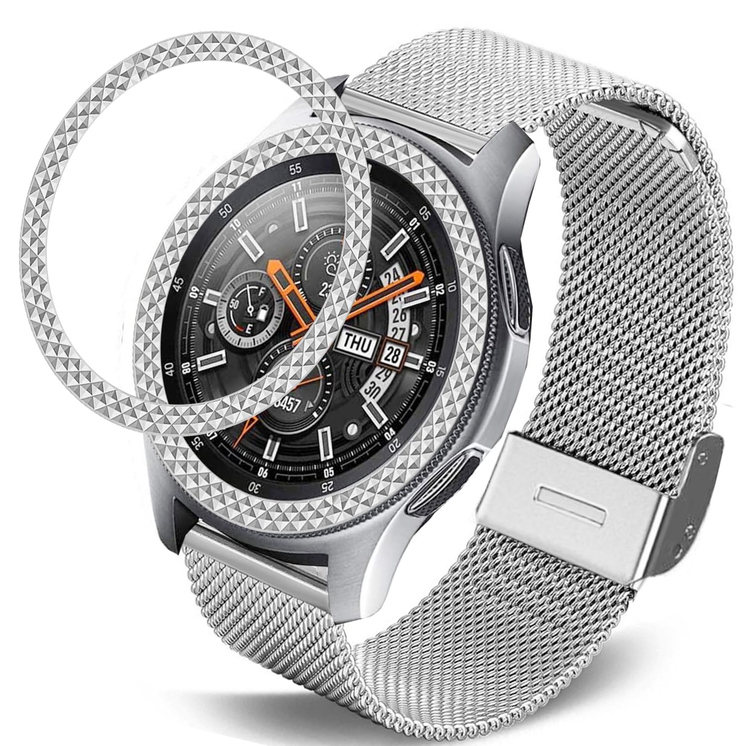 DEALELE Strap Compatible with Samsung Gear S3 Frontier / Classic / Galaxy Watch 46mm, 22mm Stainless Steel Mesh Bracelet with Rhombus-Texture Bezel Ring Case Cover Replacement for Women Men, Silver