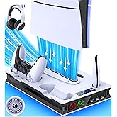 PS5 Pro/Slim/Ps5 Stand and Cooling Station with Controller Charging Station for Playsation 5 Disc Digital Consoles, PS5 Accessories Incl. 3 Levels Cooling Fan, 3 USB Hub, Headset Holder, Media Slot
