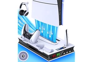 EXTREMECOOL PS5 Pro/Slim/Ps5 Stand and Cooling Station with Controller Charging Station for Playsation 5 Disc Digital Consoles, PS5 Accessories Incl. 3 Levels Cooling Fan, 3 USB Hub, Headset Holder, Media Slot