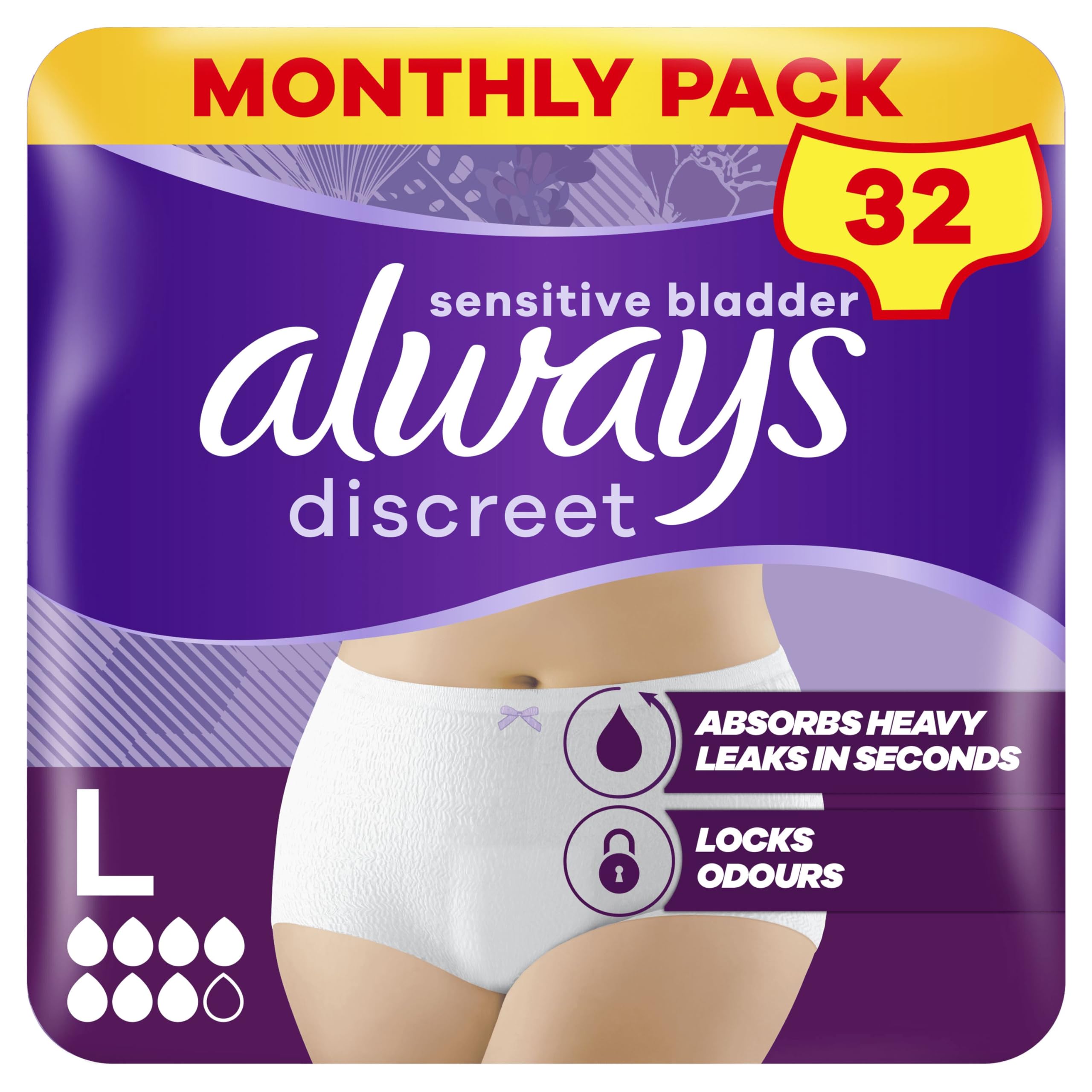 Always Discreet Incontinence Pants Women Large, UK Size 16-22, White, Absorbency 7, 32 Underwear , Disposable Maternity Knickers (8 x 4 Packs), Heavy Bladder Leak Protection , Maternity Postpartum