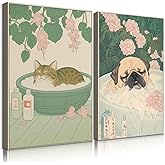 Japanese Ukiyo-e Cat Dog Bath Canvas Wall Art - Japandi Style Bathroom Wall Decor, Funny Pet Lover Gift, Ready to Hang Framed Wall Art for Bathroom Bedroom Living Room, 12x16 In