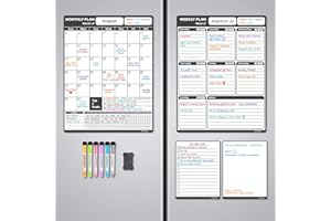ALEZEL Magnetic Calendar for Refrigerator - 13"x17", Dry Erase Fridge Calendar Set (4 Boards) - Monthly & Weekly Planner Whiteboard, Blank & to Do List White Board, 6 Markers + Eraser
