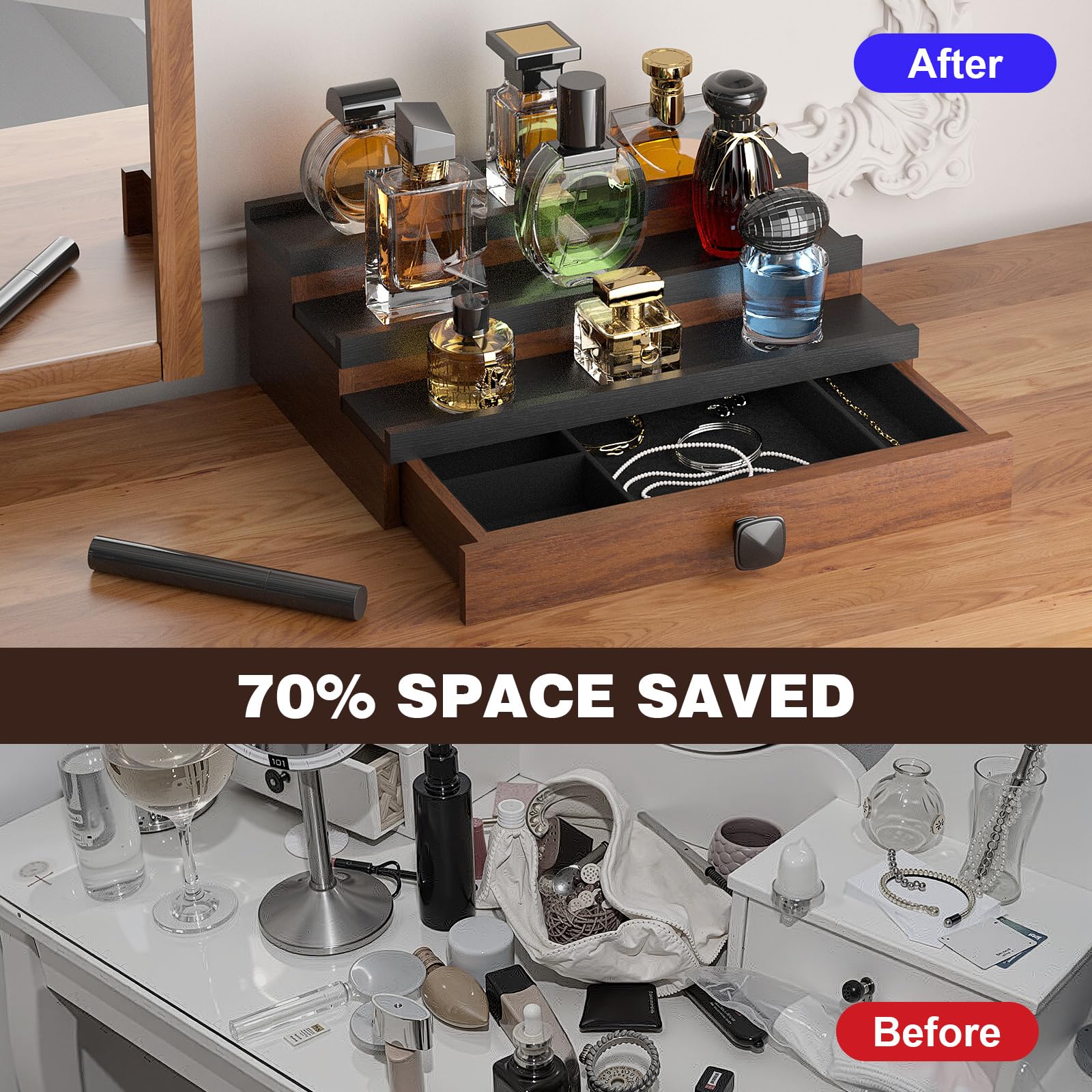 TIRYIUOU Perfume Organizer Cologne Stand: 3 Tier Wooden Men Cologne Holder Desktop Perfume Display Shelf, Bedroom Dresser Makeup Lotion Jewelry Storage Organizer with Drawer