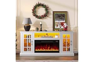 Rolanstar Fireplace TV Stand with Led and Power Outlets, White Entertainment Center with 26" Electric Fireplace for 45/50/55/60/65 inch TVs, Modern TV Console with Storage Cabinet for Living Room
