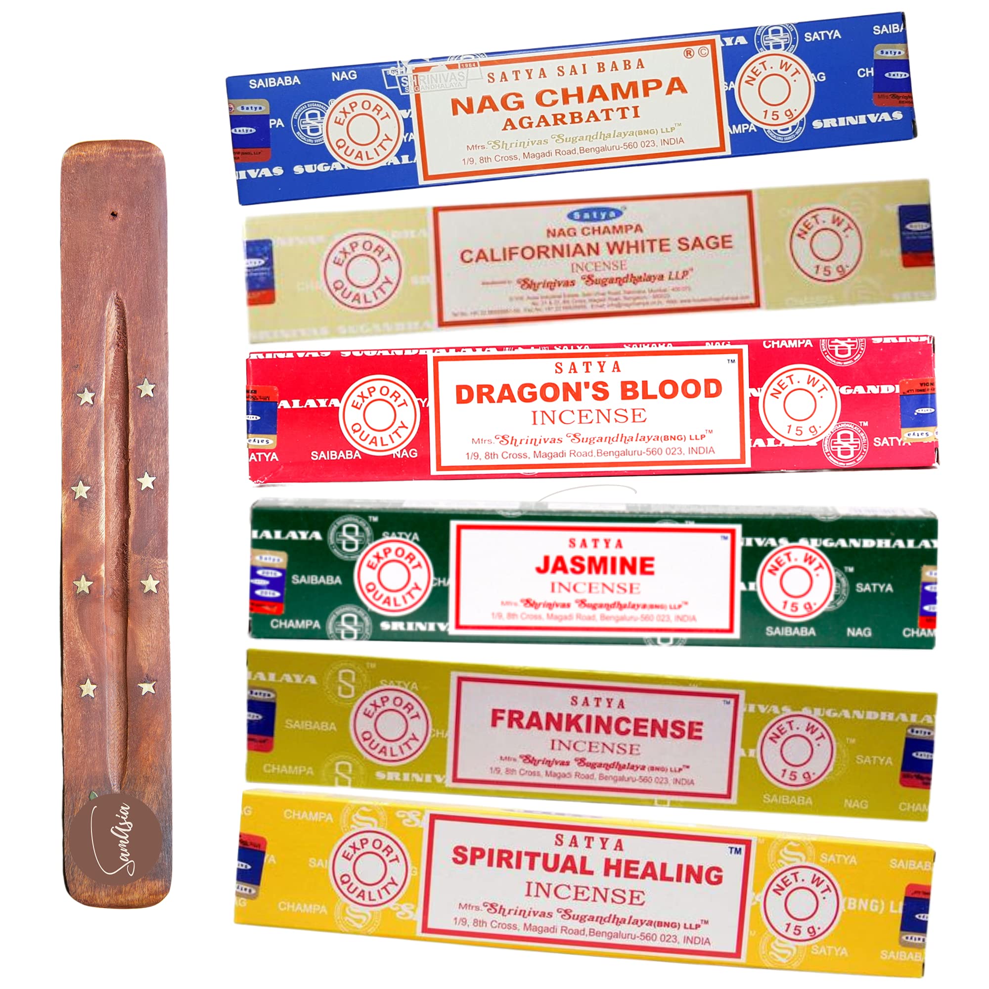 Satya Nag Champa Incense Sticks - 6 unique and premium flavours - Nag Champa Agarbatti, Californian White Sage, Dragons Blood, Jasmine, Frankincense, etc comes with SAMASIA incense holder