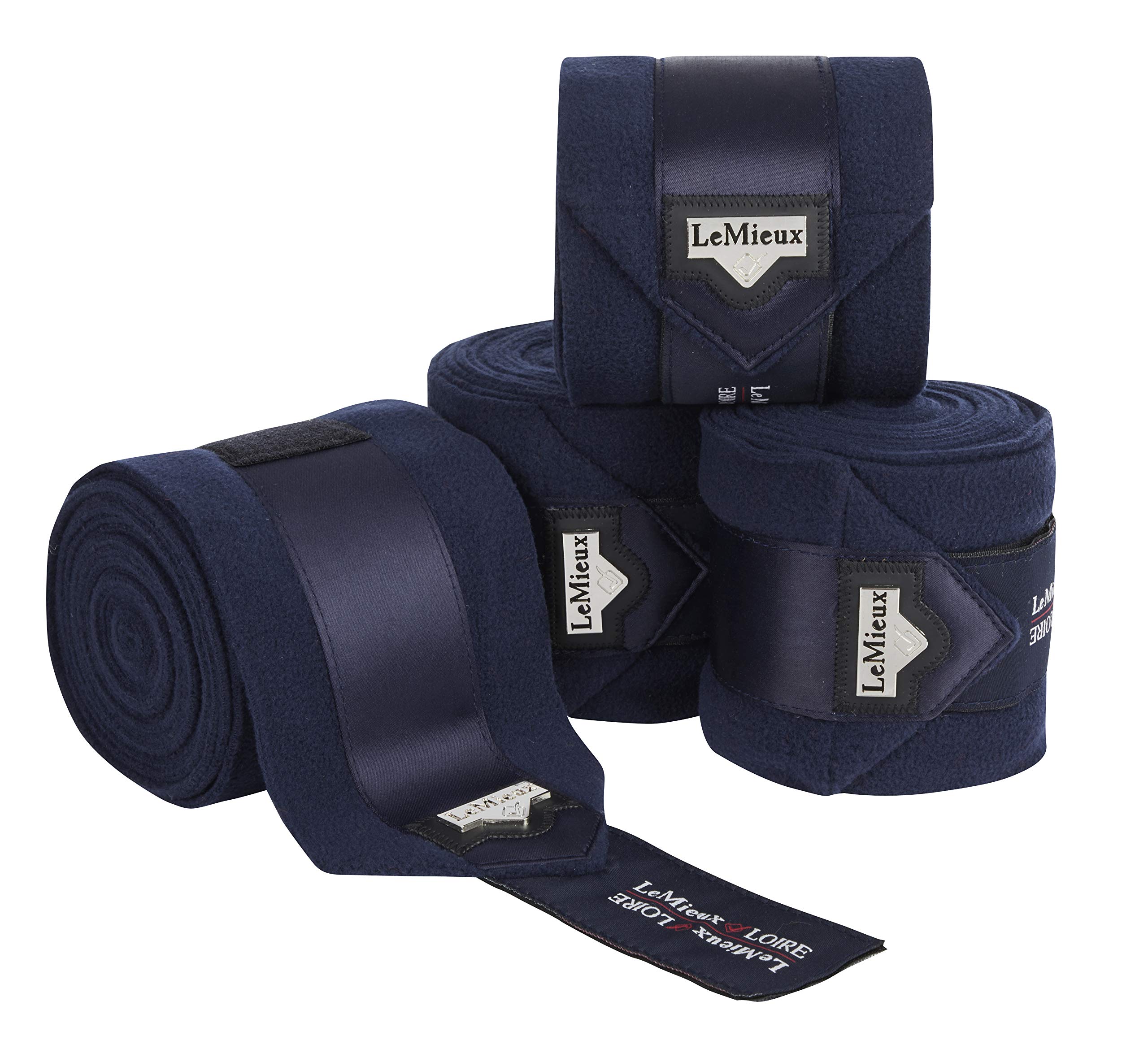 LeMieux Loire Polo Exercise Bandages in Navy with Zipped Case, Satin End Detail - Soft Fleece Protection Wraps - Large Size - Pack of 4