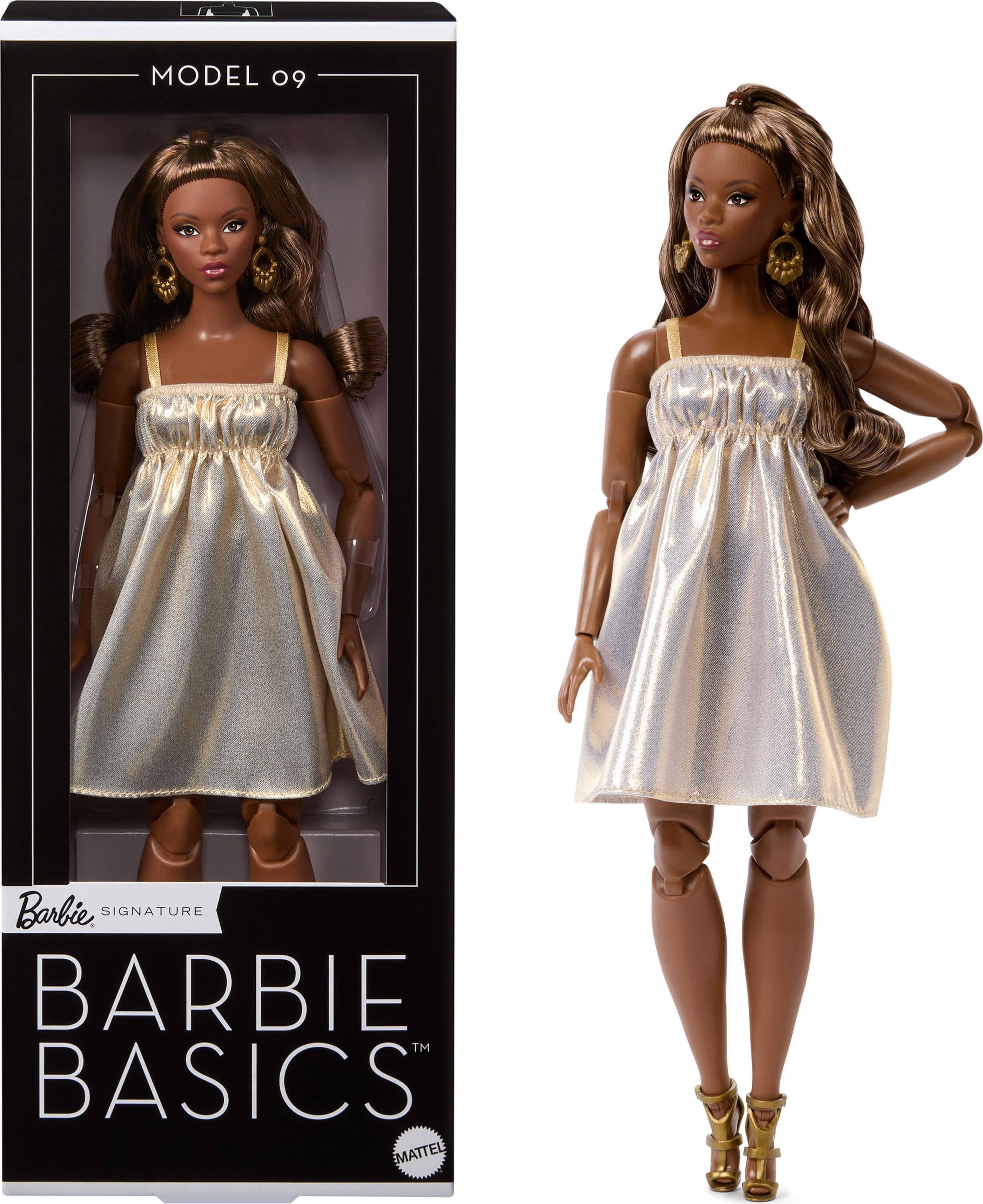 Barbie Basics Model Collector Fashion Doll 09 with Brunette Hair in Golden Dress & Strappy Heels, Universal-fit Fashions & Posable Body