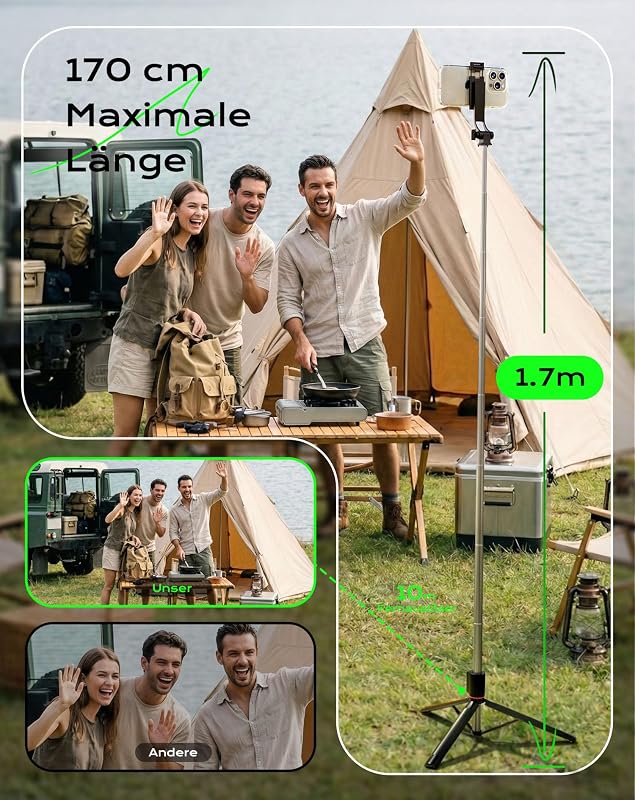 Selfie Stick & Hand -Stativ, 170cm Tragbares Stativ für Smartphone mit Drahtlos-Fernauslöser, Kompatibel mit iPhone/Android