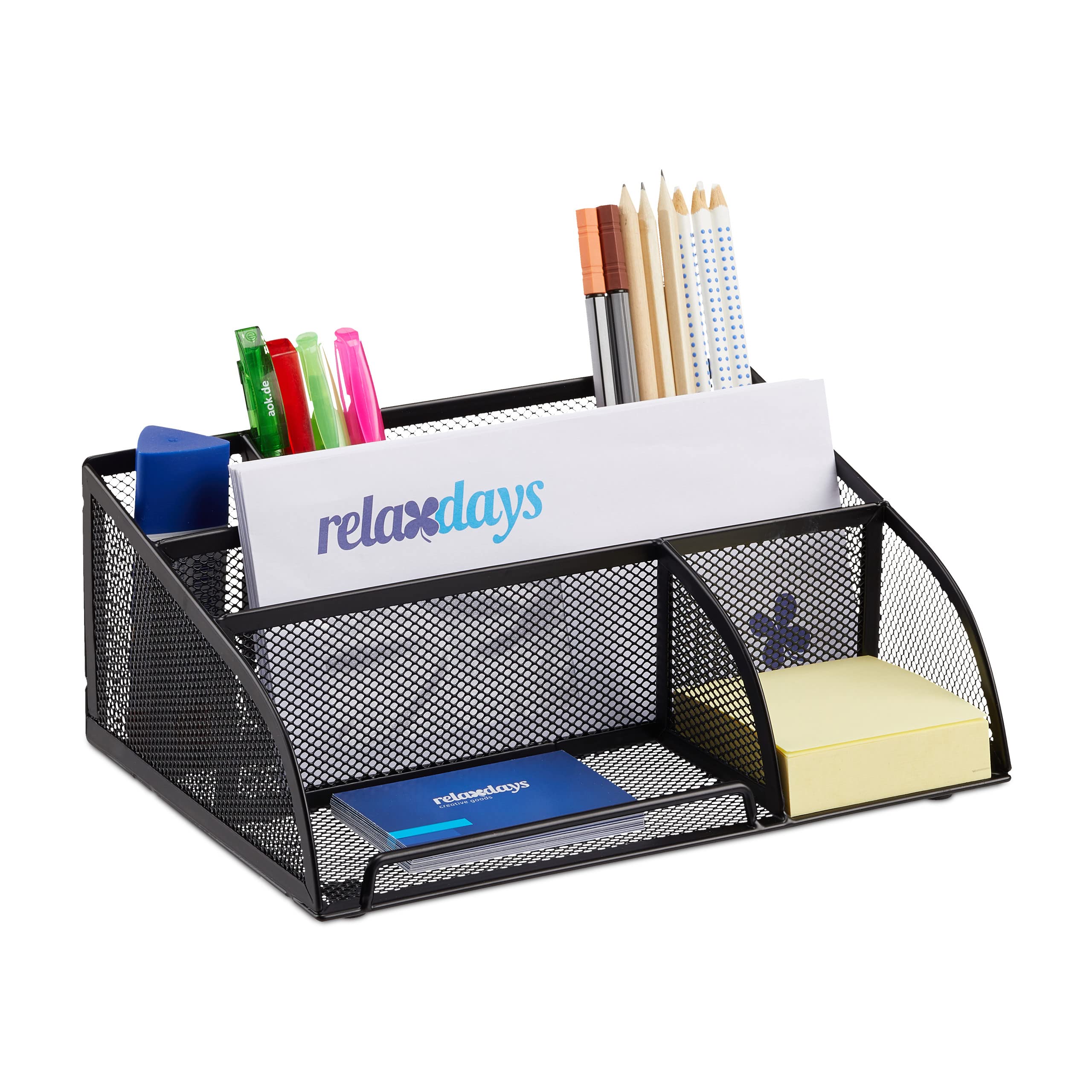 Relaxdays Desk Organizer, 5 Compartments, Compact Letter Rack, Metal, Drawer, Memo Box, Pen Holder, Black