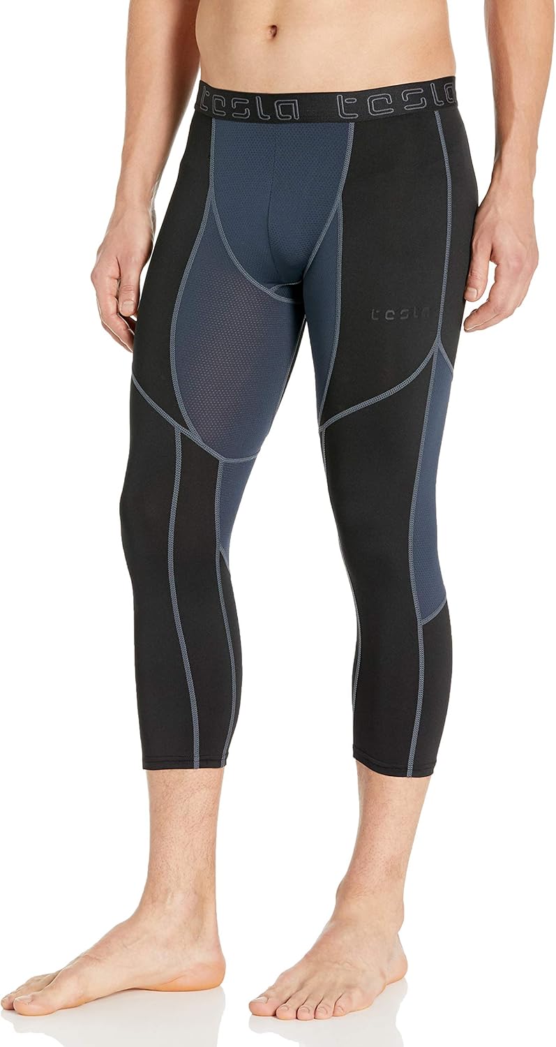 TSLA Men's Compression 3/4 Capri Pants Baselayer Cool Dry Sports Running Yoga Tights : Clothing