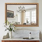 Chende Large Vintage Gold Decorative Mirror with Floral Wood Frame, 40"x28" Unique Ornate Mirror for Livng Room, Bathroom, Home Office, Fireplace
