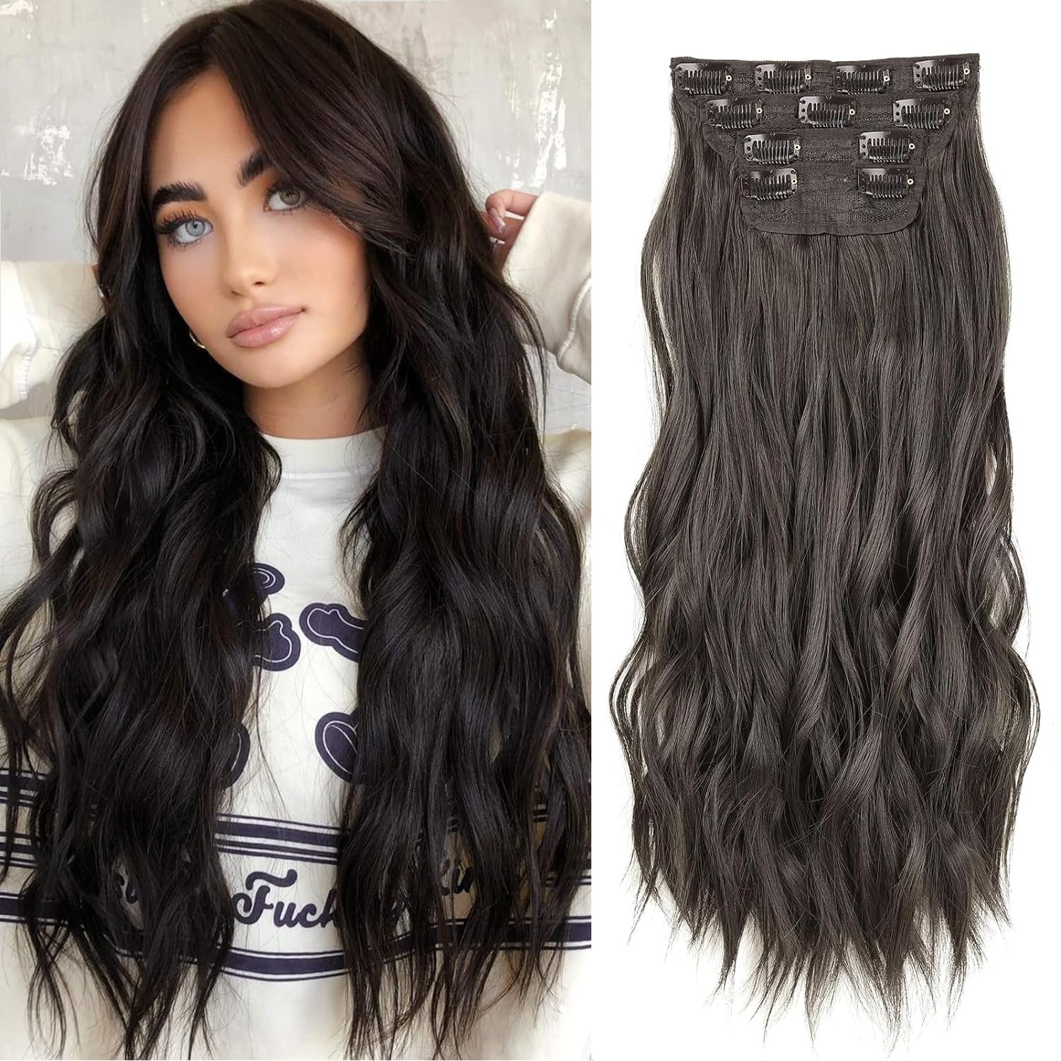 Xtrend 18 Inch Dark Brown Long Wavy Hair Extensions - 11Clips Synthetic Hair Pieces for Women & Girls - Full Head Set - Thick Curly Wavy