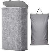 Lifewit Slim Laundry Basket with Lid and Removable Bag, 65L, Gray | Collapsible Narrow Laundry Hamper, Skinny Washing Basket with Plastic Frame, Dirty Clothes Organiser for Laundry, RV, Dorm