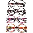 100 CLASSIC 4-Pack Oversized Round Blue Light Filter/Anti-Glare Reading Glasses for Women Spring Hinges Floral Readers