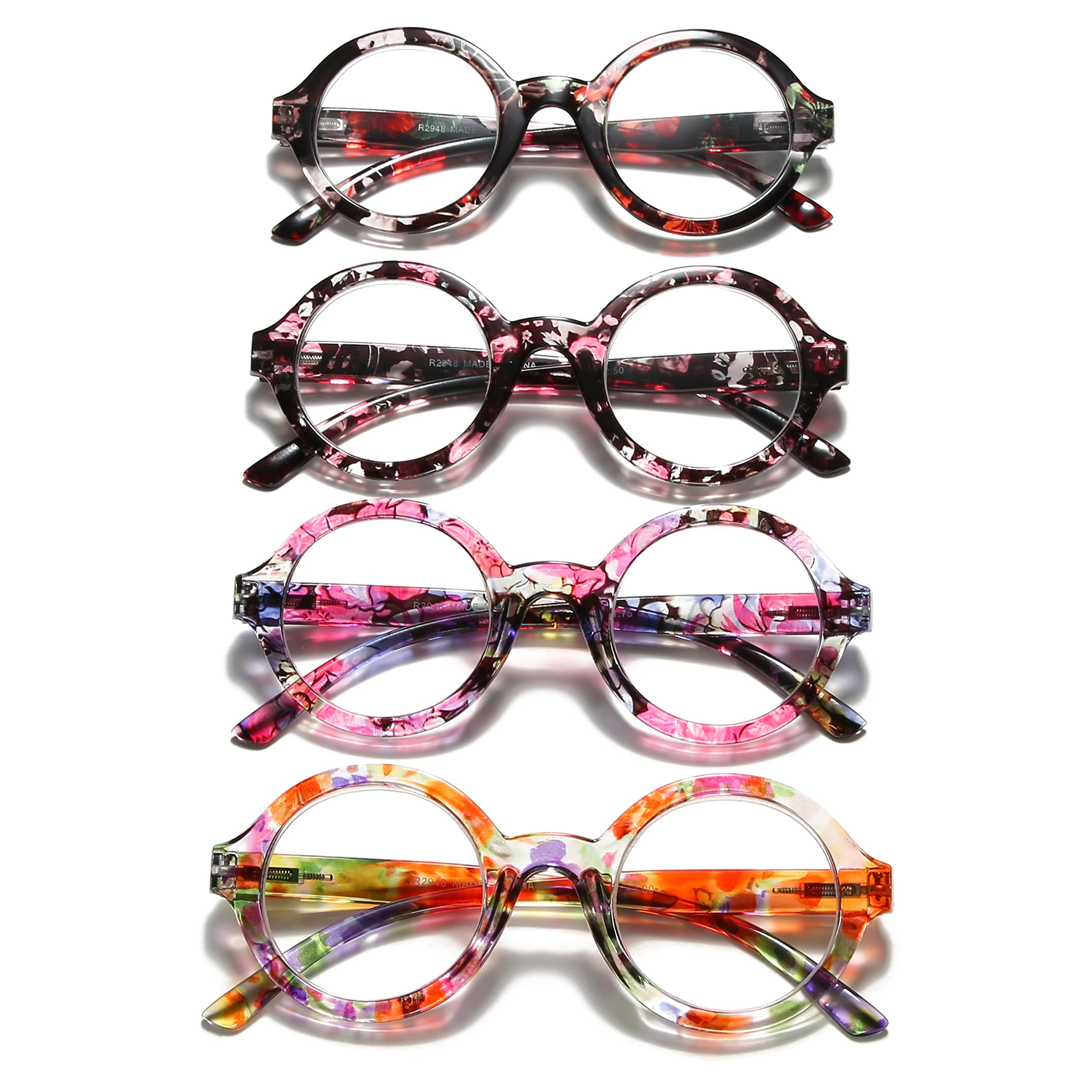Photo 1 of 100 CLASSIC 4-Pack Oversized Round Blue Light Filtering/Anti-Glare Reading Glasses for Women Spring Hinges Floral Pattern Readers Ladies Fashion Eyeglasses (2.00x)