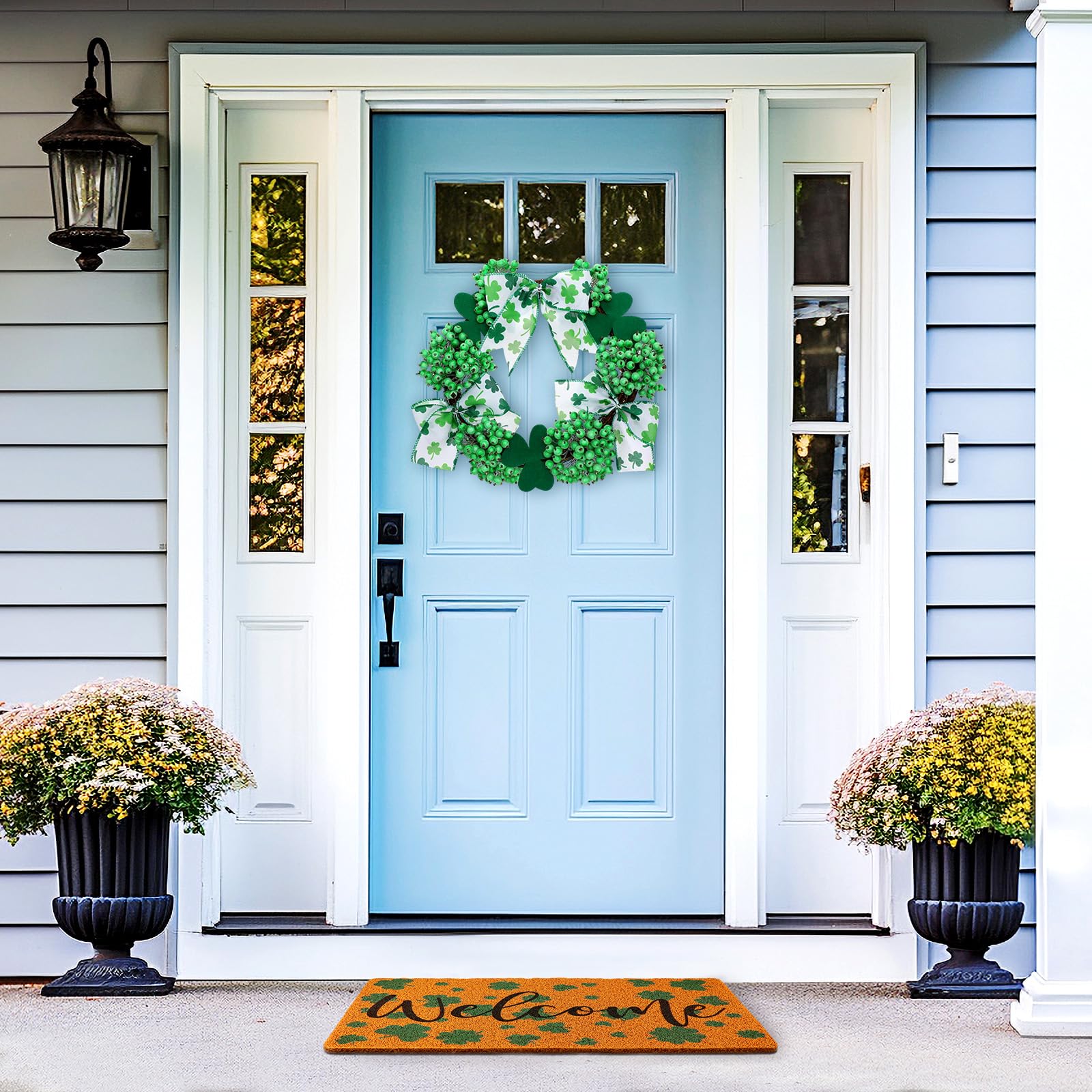Drydiet St. Patrick's Day Decoration Set Include Non Slip Welcome Clover Imitation Coir Doormat Irish Green Shamrock Wreath with Bow for Spring Outdoor Front Door Entrance Home Wall Window Porch Decor - Image 7