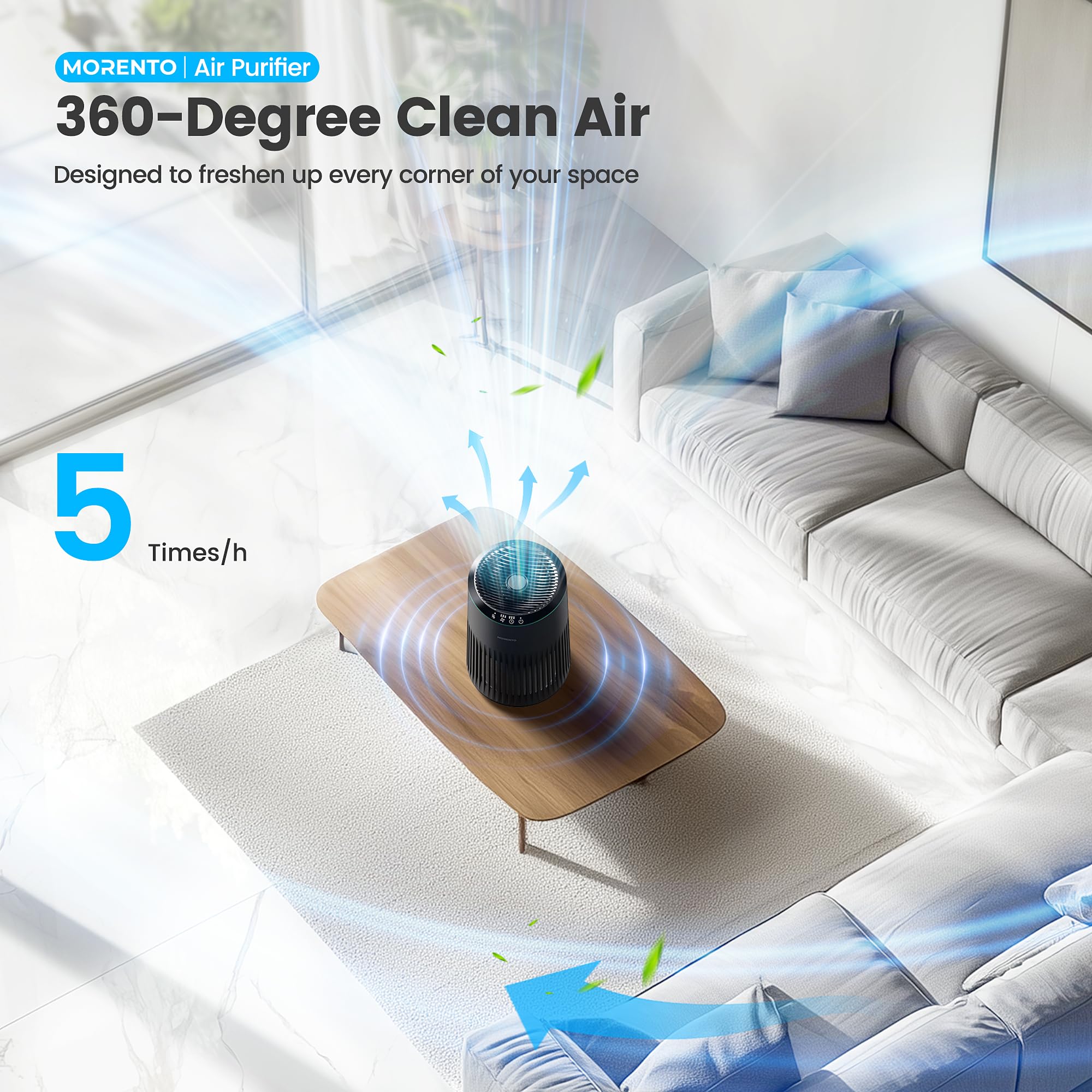 MORENTO Air Purifiers for Home, Air Purifier for Smoke Pet Dander Odors with Fragrance Sponge, Small Air Purifier with Sleep Mode for Bedroom Office, Blue Ambient Light, MR2566, Black, 1 Pack+3 Modes