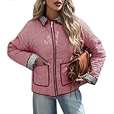 Tankaneo Womens Cropped Quilted Jackets Plaid Lightweight Full Zip Up Jacket Puffer Padded Coat with Pockets