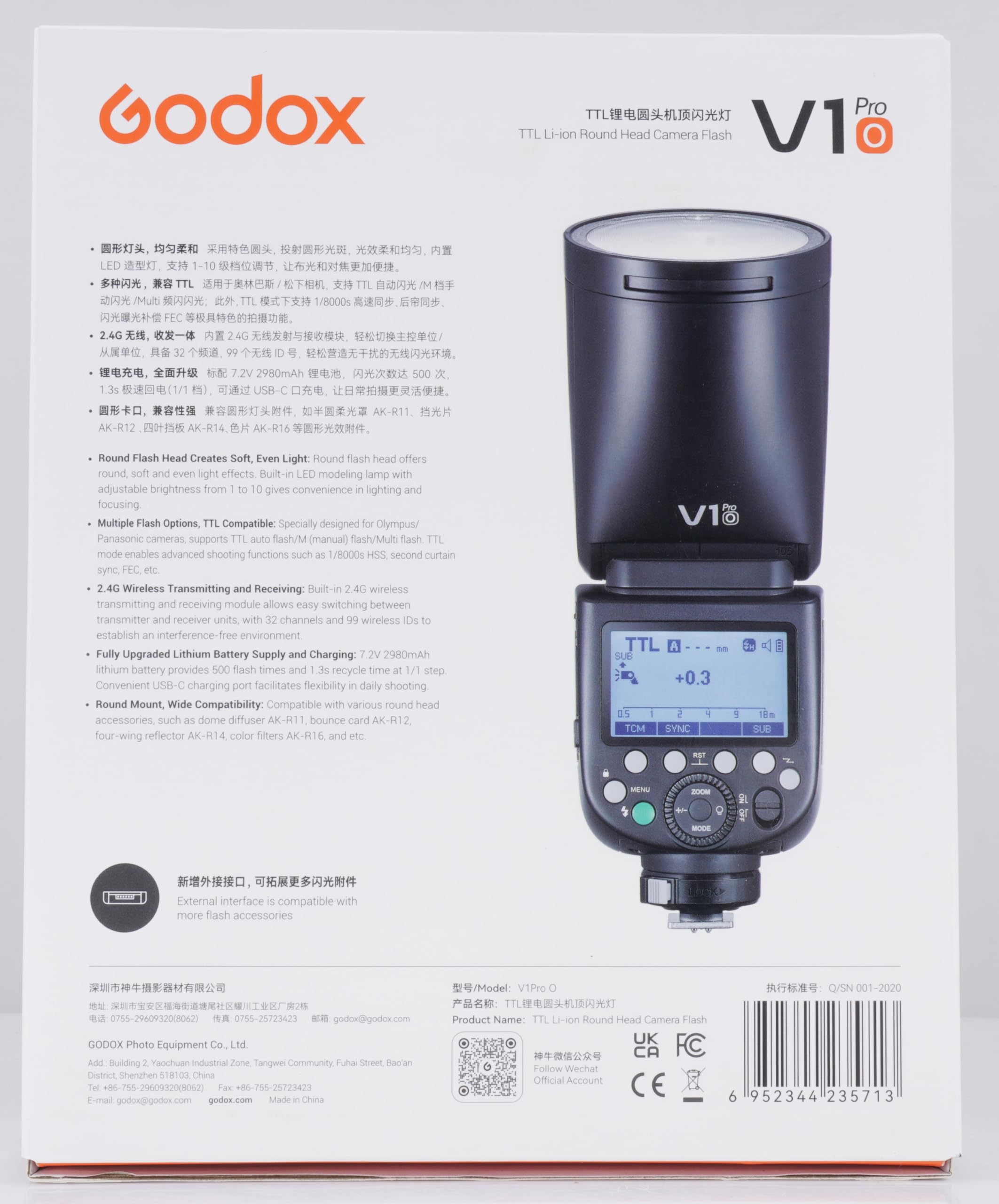 GODOX V1Pro-O Round Head Camera Flash Speedlite for Panasonic for Olympus, with Detachable Sub Flash SU-1, USB-C Charge Battery, 2.4G X Wireless HSS TTL Speedlight Flash for Panasonic for Olympus