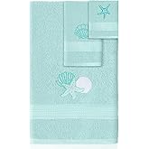 Hillsuren 3 Pcs Coastal Seashell Bathroom Towel Set Farmhouse Embroidered Coastal Seashell Towels Vintage Decorative 100% Cotton Bath Towel Highly Absorbent Summer Decor Set for Bathroom