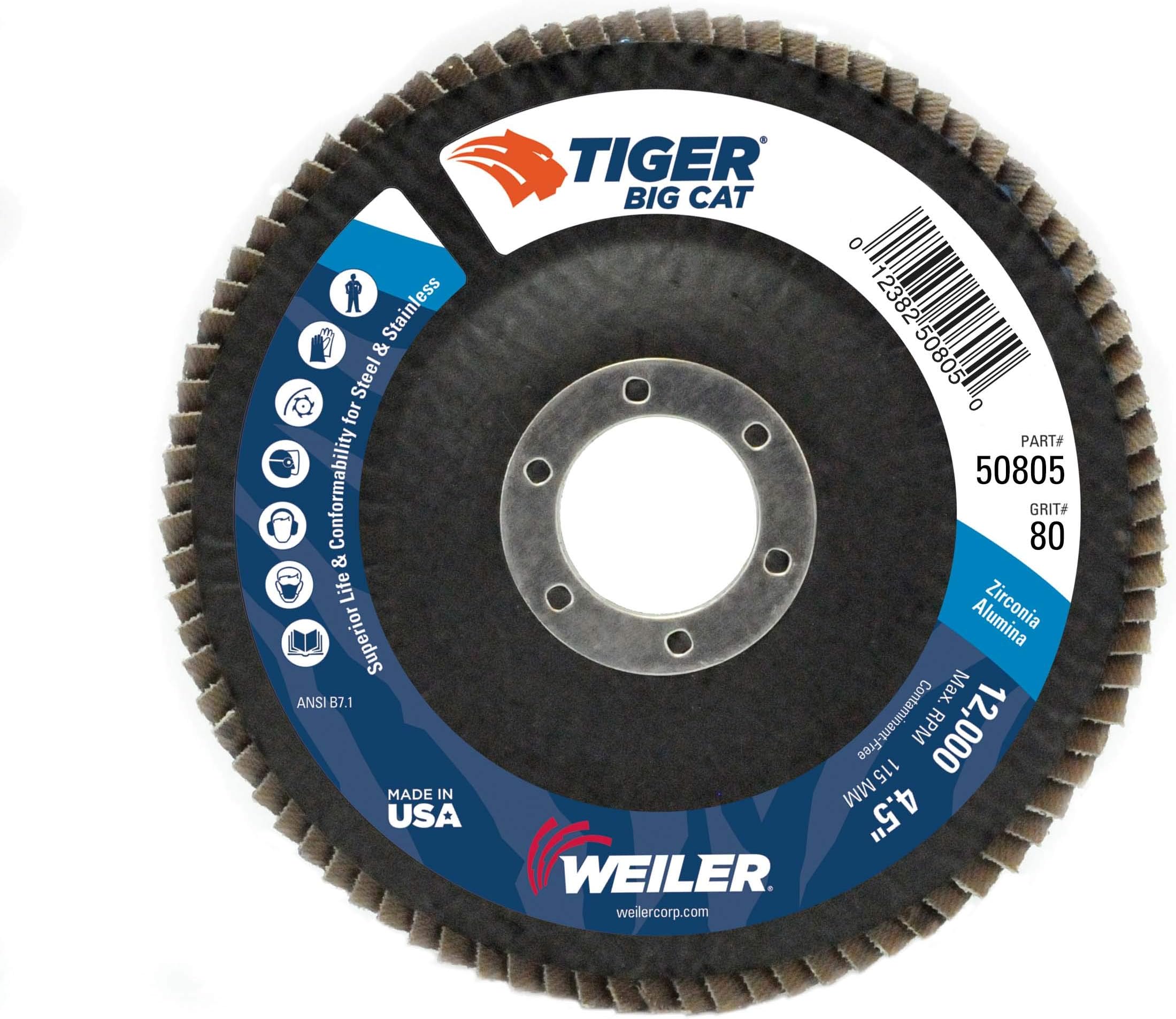 Weiler 50805 Big Cat High Density Abrasive Flap Disc, Type 27, Round Hole, Phenolic Backing, Zirconia Alumina, 4-1/2" Dia., 80 Grit
