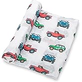 LollyBanks Muslin Swaddle Blankets, 100% Cotton Baby Boy Blanket 47 x 47 Inches, Soft Baby Swaddle Breathable, Muslin Blankets for Boys, Newborn Essentials, Registry (Vehicle Print)
