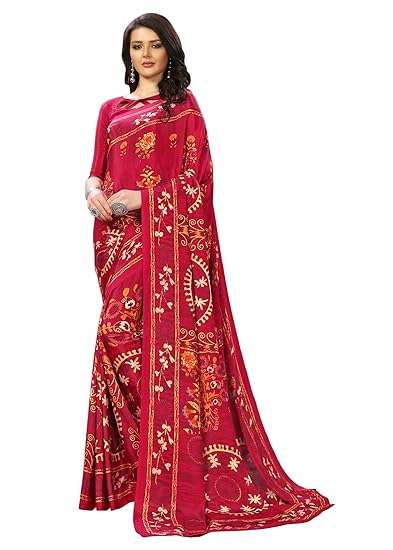 Womens Crepe Silk Printed Saree With Blouse