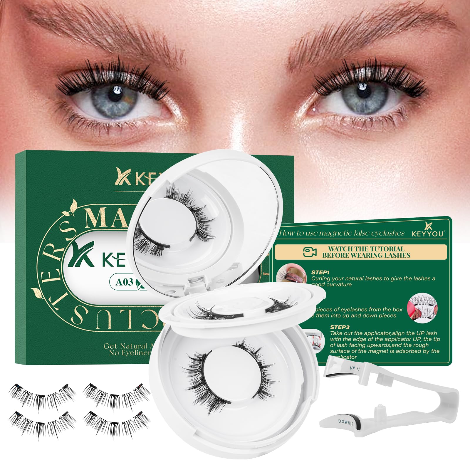 Photo 1 of KEYYOU Reusable Magnetic Eyelashes 2 Pair with Applicator No Glue Needed 3D Natural Magnetic Lashes, Easy to Apply & Long Lasting for Daily Use & Events(A03+A03)