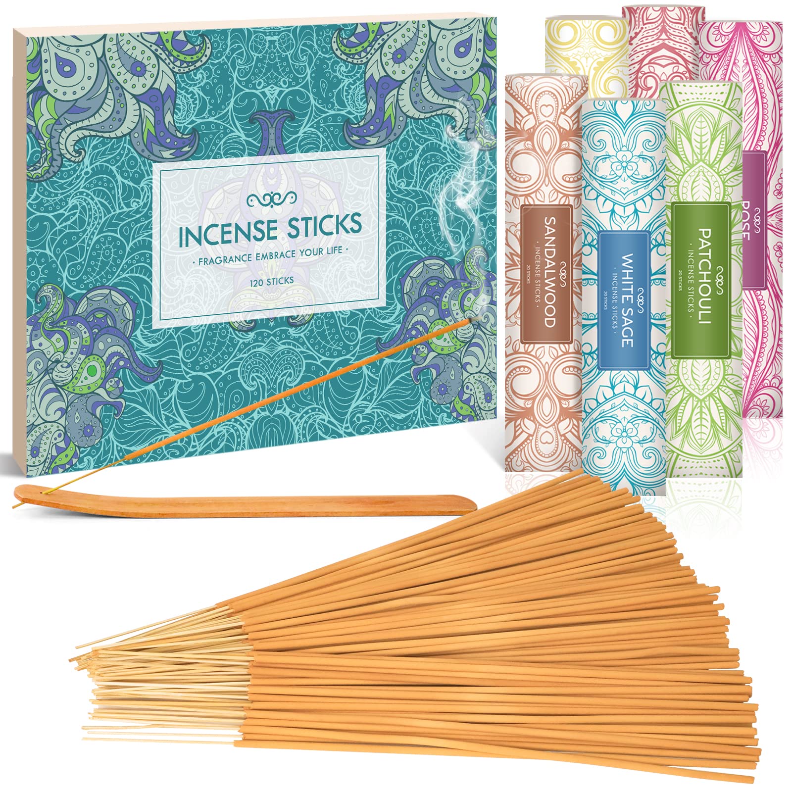 SCENTORINI Incense Sticks Gift Set, 120 Incense Sticks with Holder, White Sage, Cinnamon, Sandalwood, Rose, Patchouli, Frankincense for Relaxation Yoga Aromatherapy