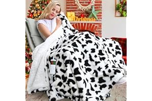 RUJIPO Heated Blanket Electric Blanket Throw - Faux Fur 50"x60"Heating Blanket 5 Heating Settings& 8 Hours Auto Off Fast Heating Hidden Buckle Wearable&Blanket Machine Washable,Cow Blanket White