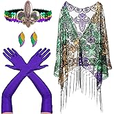 4Pcs Mardi Gras Costume Accessories Including Sequin Shawl Scarf Headband Dangle Leaf Earrings Long Sleeves for Women Party Outfit Purple